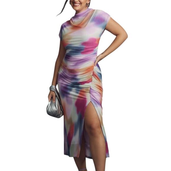 EUC Anthropologie The Maya Ruched Cowl Neck Dress Mesh Shirred Tie Dye Women M - Picture 6 of 7